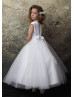 Pearl Neck White Satin Glitter Tulle Flower Girl Dress